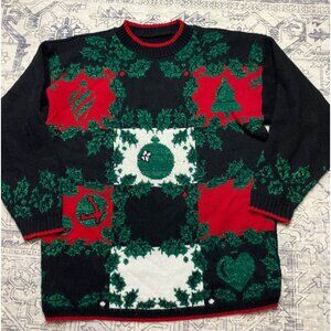 Womens Vintage Christmas Sweater XL Black Red Green Holiday Bells & Holly